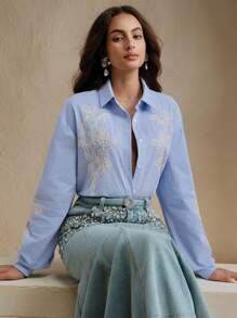 Anewsta Fashionable Versatile Embroidered Women Blouse Shirt - Blue - View 1
