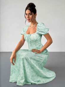 Firerie 女式新款蓝白花朵性感方领泡泡袖花卉印花前系带连衣裙，波西米亚风连衣裙，适合情人节、音乐会、表演、约会、派对、庆典、婚礼季节、性感、优雅、通勤、返校、度假、海滩、浪漫 - 綠色 - 查看 4