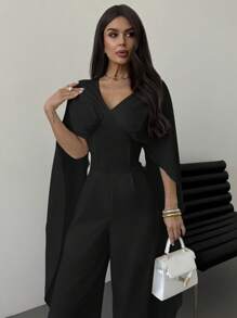 Firerie 女士优雅浪漫魅力度假 V 领披肩，超长袖，腰带 A 字形白色阔腿连体裤，春夏 - 黑色 - 查看 6