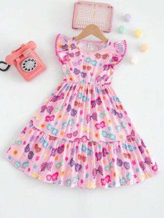 1 件装少女太阳镜印花绒球装饰飘袖连衣裙，适合夏季度假海滩装