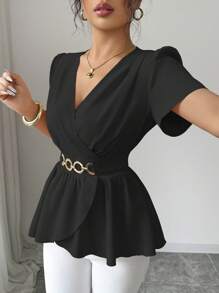 Elenzga Nueva blusa de mujer de tejido tejido con cuello en V, con manga con volantes, decoración de botón en la cintura, diseño de volantes en el bajo cruzado, blusa elegante y versátil de corte ajustado - Negro - Ver 5