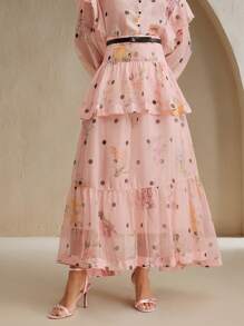 Anewsta Falda elegante de mujer con volantes en el bajo, parches de lunares y flores, para vacaciones