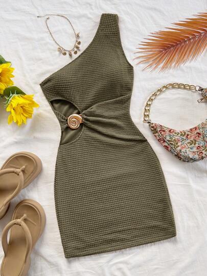 Soleia Women's Summer Vacation Shoulder Cut-Out Seashell Metal Detail Textured Mini Dress, Slim Fit, Suitable For Holiday, Date, Afternoon Tea, Vacation, Music Festival, Boho, Crochet, Linen One Shoulder Dress Olive Dress One Sleeve Dress Summer Dress Bodycon Dress