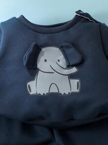 SHEIN 新生儿休闲日常可爱趣味卡通大象印花 3D 象耳设计圆领长袖卫衣和长裤套装，适合外出、居家和摄影 - 藏蓝色 - 查看 7