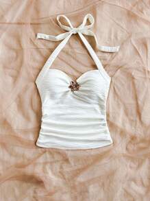 Tween Girls' Casual Daily Fashion Halter Textured Fabric White Tank Top With Front Center Decor White Summer Top