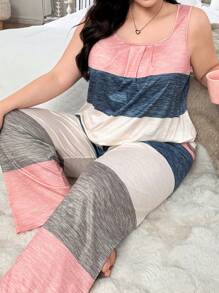 SHEIN Plus Size Women Multi-Color Striped Print Casual Tank Top & Pants Sleepwear Set, Outfits - Multicolor - View 4