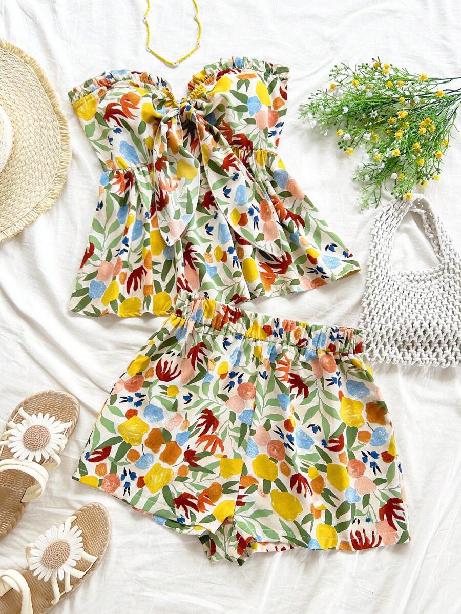 Soleia 女士节日套装：水彩蜡笔印花荷叶边上衣，正面系带，搭配休闲短裤。适合度假、派对、约会、下午茶、海滩 - 可作为外套或叠穿