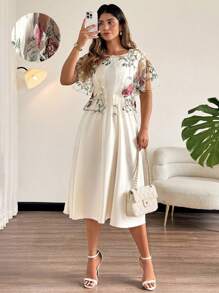 Flirla Vestido de talla grande para mujer con estampado floral bordado, cuello redondo, manga corta abullonada, 2 en 1 de largo medio, adecuado para citas y atuendo de vacaciones - Albaricoque - Ver 1