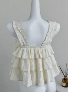 Elamini Top sin tirantes con textura de tela y detalles de volantes, estilo vacacional dulce, para primavera y verano - Beis - Ver 2