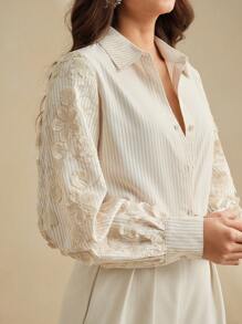 Anewsta Camisa holgada y casual con parches de rayas rojas y blancas y bordados, nueva para primavera y verano - Caqui - Ver 6