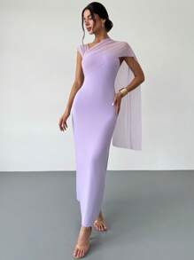 Firerie Women's Elegant Asymmetrical Neckline Waist Fitted Long Purple Mesh Flowy Party/Graduation Dress, Summer - Purple - View 4