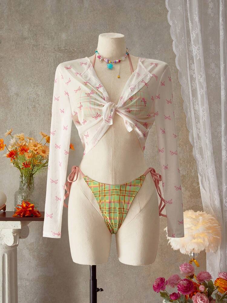 SHEIN Swim Áo trùm đầu hở phía trước in nơ thời trang thường ngày cho nữ dài tay - Nhiều màu - Xem 4