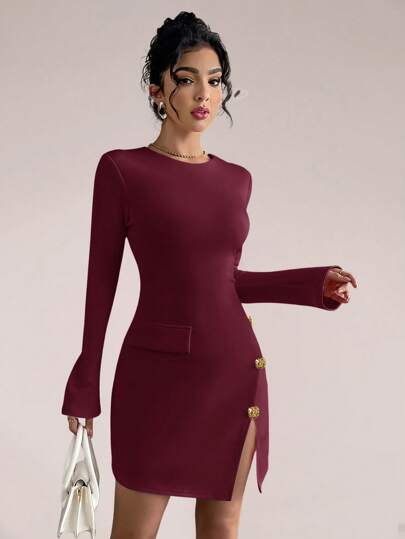 SHEIN PETITE Glamine 女士小巧时尚纽扣装饰开衩长袖连衣裙