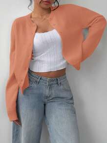 SHEIN BASICS Casual Solid Color Round Neck Long Sleeve Loose Cropped Women Knitted Cardigan,Tops For School In Fall/Winter - Orange - View 5