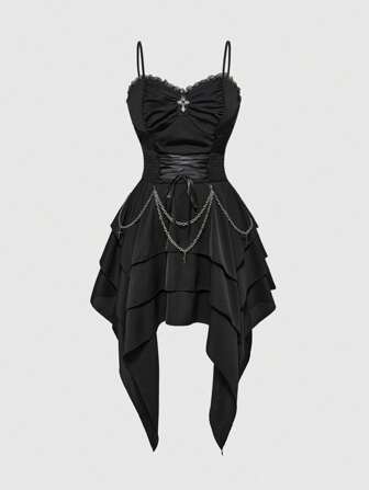 Goth Vintage Palace Gothic Removable Metal Chain Lace-Up Waist Asymmetrical Layered Hem Women Dress