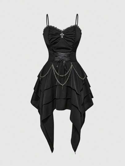 ROMWE Spring/Summer Vintage Palace Gothic Removable Metal Chain Lace-Up Waist Asymmetrical Layered Hem Women Dress