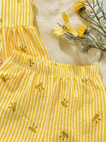 SHEIN Playful Pals 2 件婴幼儿女童春夏休闲日常可爱度假条纹蝴蝶结无袖上衣 + 短裤套装，0-3 岁 - 黃色 - 查看 6