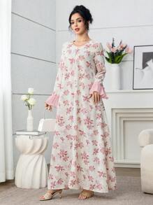 Yasmyna 优雅花卉印花喇叭袖蕾丝花边女式土耳其和阿拉伯传统长款束腰外衣 - 粉色 - 查看 5