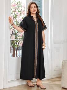 Lacomfia Plus Size Short Sleeve Solid Color Lace Trim Dress For Women - Black - View 5