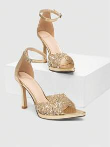 CUCCOO SZL Giày sandal thời trang mới gợi cảm cho nữ có quai đính đá Rhinestone, màu sâm panh, đế cao chống thấm nước thanh lịch, mũi nhọn, giày dự tiệc/đám cưới - Vàng - Xem 1