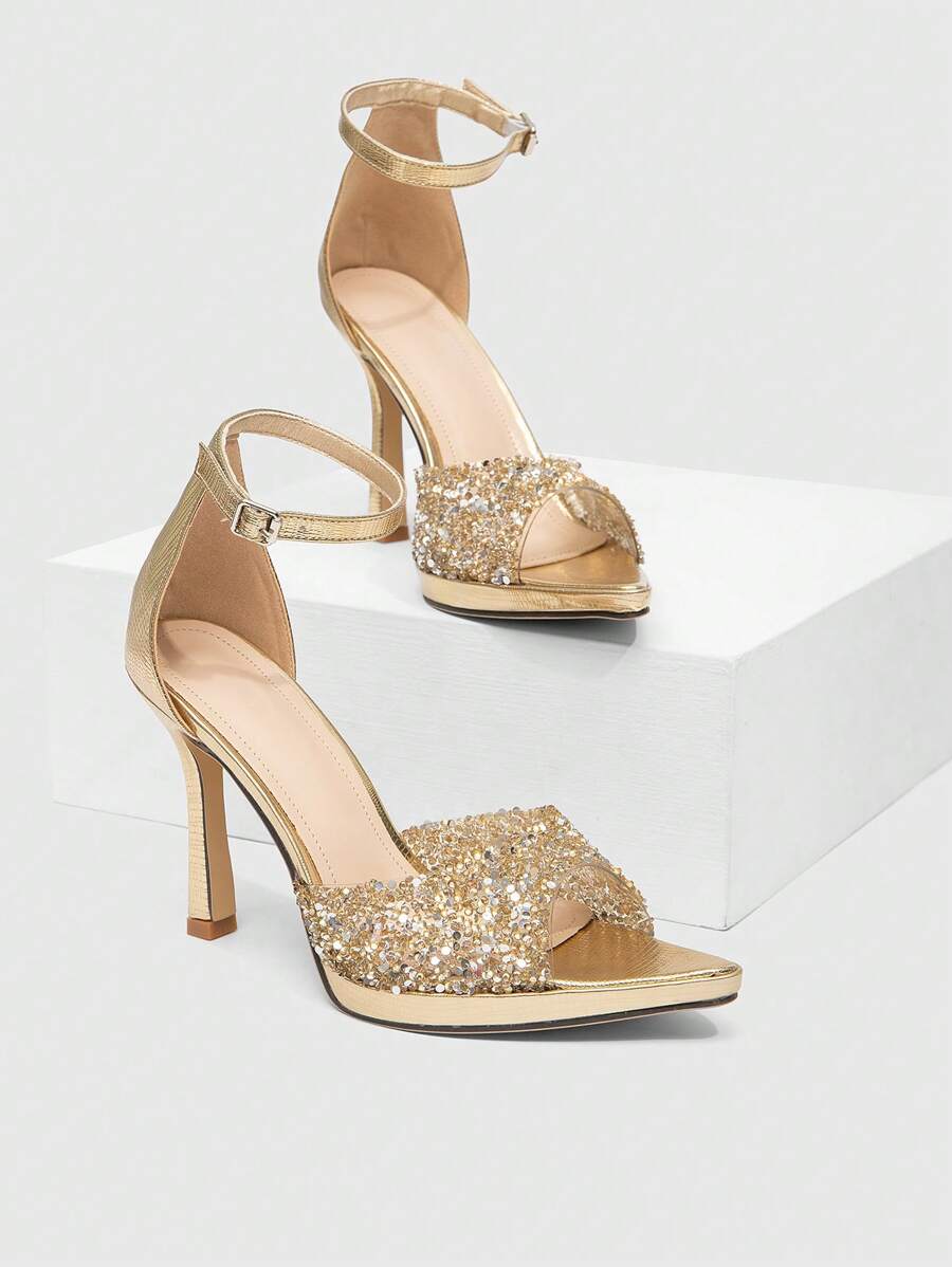 CUCCOO SZL Giày sandal thời trang mới gợi cảm cho nữ có quai đính đá Rhinestone, màu sâm panh, đế cao chống thấm nước thanh lịch, mũi nhọn, giày dự tiệc/đám cưới - Vàng - Xem 1