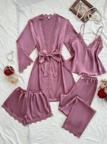 SilkySpell 四件套睡衣：蕾丝拼接仿丝吊带背心、短裤、长裤、系带睡袍，秋冬服装 - 藕粉色 - 查看 5