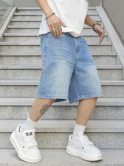 Manfinity EMRG Men's Loose Bermuda Denim Shorts With Pockets, Casual Men Baggy Denim Shorts