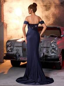 Glamrae Đồ bơi hở lưng hở lưng đính cườm và sequin lấp lánh thanh lịch, co giãn, hở vai, viền đuôi cá, thích hợp cho đám cưới, tiệc tùng, tốt nghiệp, tiệc chiêu đãi, dịp trang trọng - Màu xanh hải quân - Xem 2