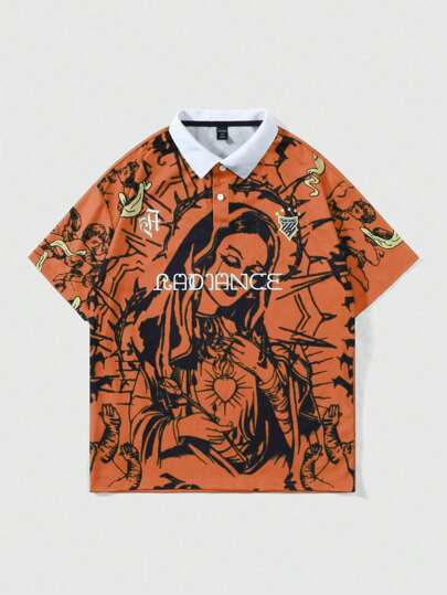 Goth Men's Slogan Virgin Mary Print Short Sleeve Polo Shirt
