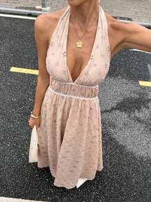 Siren Gaze Elegant Dusty Rose Embroidered Halter Neck Long Dress,Women's Summer Holiday Vacation Open Back Waist A-Line Linen Dress For Party,Casual Wear - Apricot - View 1