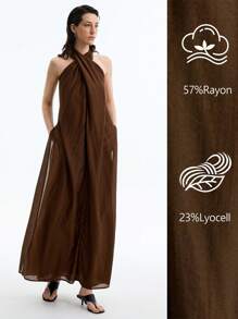 SHEIN Stylify 女士轻盈优雅简约高端休闲/度假/办公室舒适宽松纯色半透明双层面料长裙，侧开衩，口袋，交叉领带，春夏 - 棕色 - 查看 4