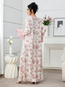 Yasmyna 优雅花卉印花喇叭袖蕾丝花边女式土耳其和阿拉伯传统长款束腰外衣 - 粉色 - 查看 2