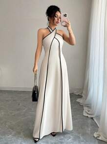 Elenzga Women's Summer Elegant Vacation Apricot Color Block Criss-Cross Backless A-Line Dress