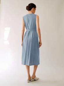 Uhlyne 女士休闲优雅无袖亚麻连衣裙（配腰带，无弹力）