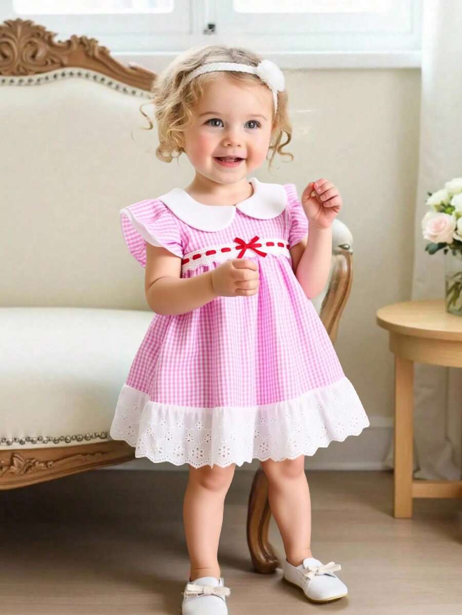 女婴连衣裙，蓝色格子印花图案，婴儿领，双层短袖蕾丝织带，搭配夏季连衣裙，优雅清新，校园风，适合居家穿着和日常打扮。 - 紫色 - 查看 1