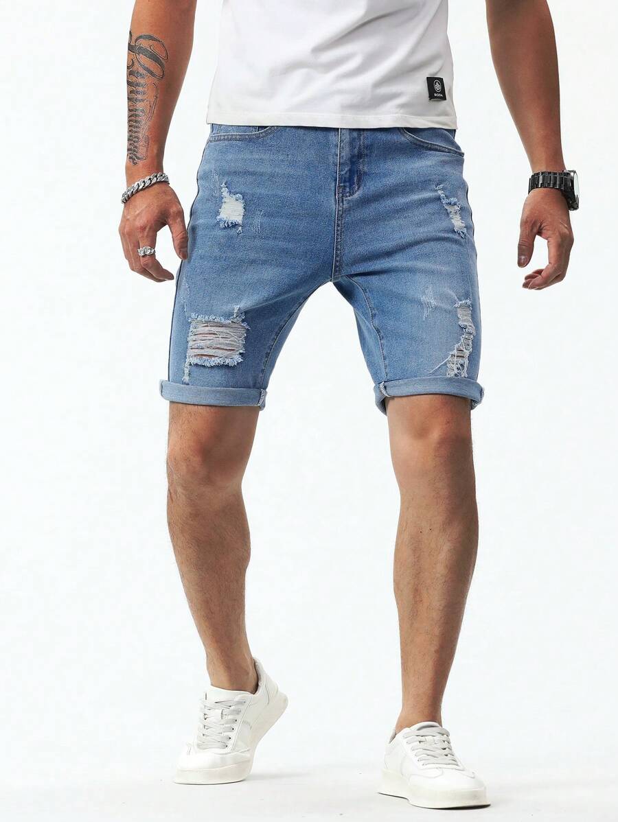 Manfinity Homme Men's Pocket Ripped Cuffed Casual Versatile Denim Shorts Ripped Jorts - Light Wash - View 1