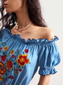 Bohemela Boho Denim Country Vacation Casual Style Embroidered Woven Denim Off Shoulder Blouse For Women - Blue - View 5