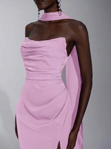 SHEIN Belle 优雅浪漫雪纺哑光层叠荷叶边露肩修身美人鱼伴娘礼服 - 粉色 - 查看 3