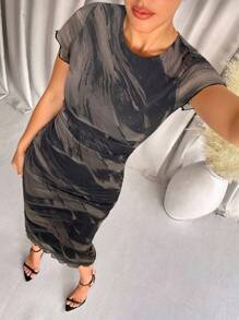 Lavishia Women's Fashionable Printed Short Sleeve Dress, Spring/Summer - Grey - View 3