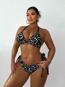 Swim SXY 加大码女式夏季沙滩豹纹露背系带性感比基尼套装