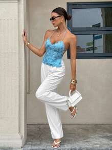 Siren Gaze Women's Elegant Blue Sequin Embellished Embroidery Halter Backless Crop Top,Streetwear Old Money Style Tank Top,Summer,Blues,Seksi Chic,Party Night - Mint Blue - View 4