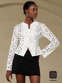 Aveloria Rosie 全新简约优雅法式度假优雅女士精致刺绣纯色镂空面料小圆领纽扣腰飘逸长袖衬衫