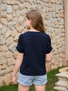 SHEIN Leap Crew Tween Girl's Blue Short Sleeve V-Neck Textured Shirt With Pleated Puff Sleeves - Royal Blue - View 2
