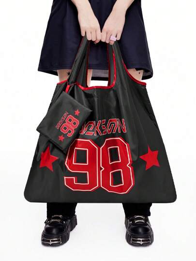 Grunge Punk Fashionable Minimalist Numeric & English Print Storage Bag, Large Capacity Foldable Shopping Tote Bag With Coin Purse