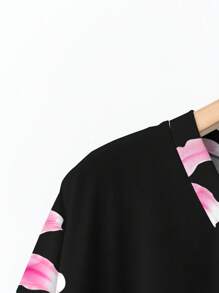 EMERY ROSE Casual Versatile Vacation Style Lily Floral Print Minimalist Loose T-Shirt, Suitable For Summer, Plus Size Suitable For Going Out - Multicolor - View 5