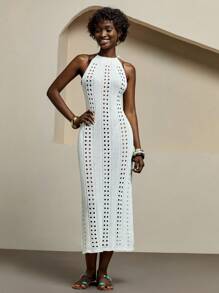 Bóhologie KOMFORTABLER Neckholder-Rückenfreier Binde-Knoten Cut Out-Out gehäkelter Maxi-Strick-Cover-Up für Sommer-Strandbekleidung