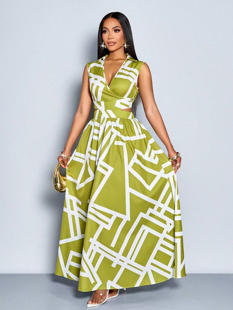 SOLERSUN 女士优雅时尚全身印花 V 领腰部镂空设计无袖长裙（随机花卉图案）