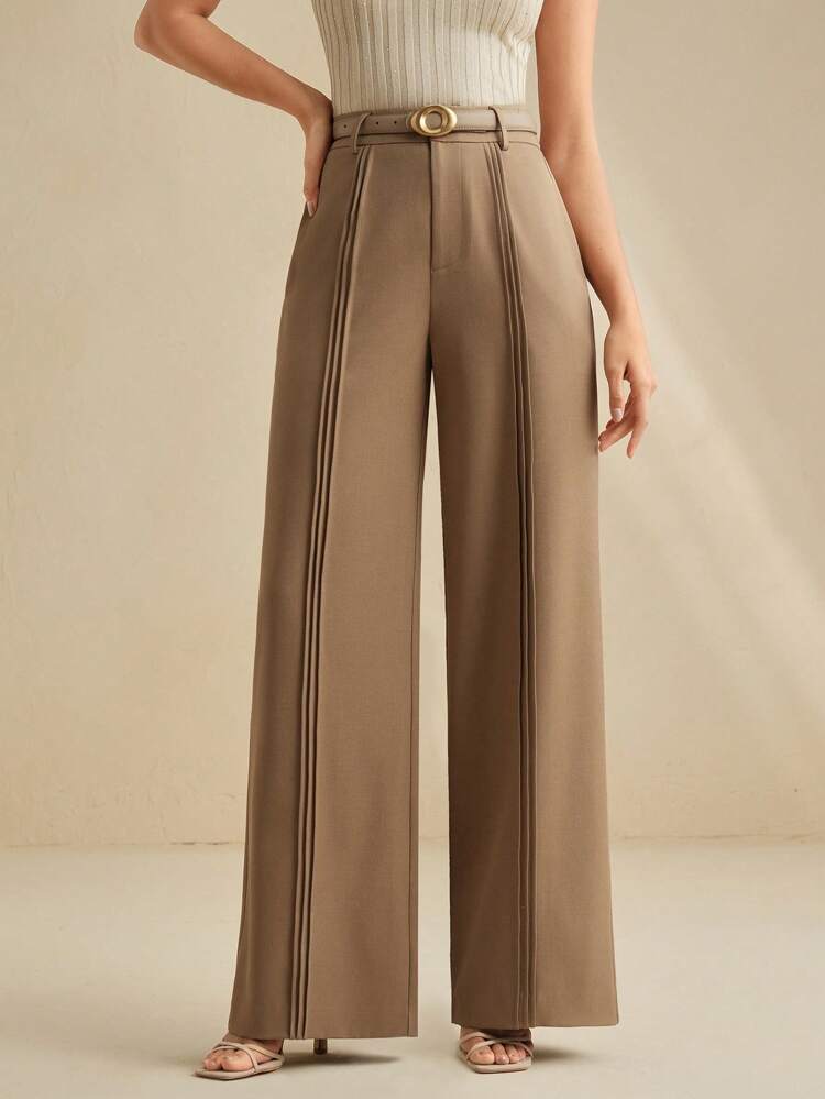 Elegant & Intellectual Coffee-Colored Pleated Leg Design Decorative Women's Wide Leg Suit Pants