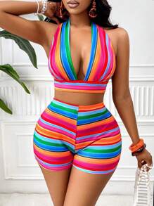 SOLERSUN 女士多彩條紋綁帶領帶上衣和短褲套裝，適用於波西米亞風格海灘度假（隨機花卉圖案） - 彩色 - 查看 3