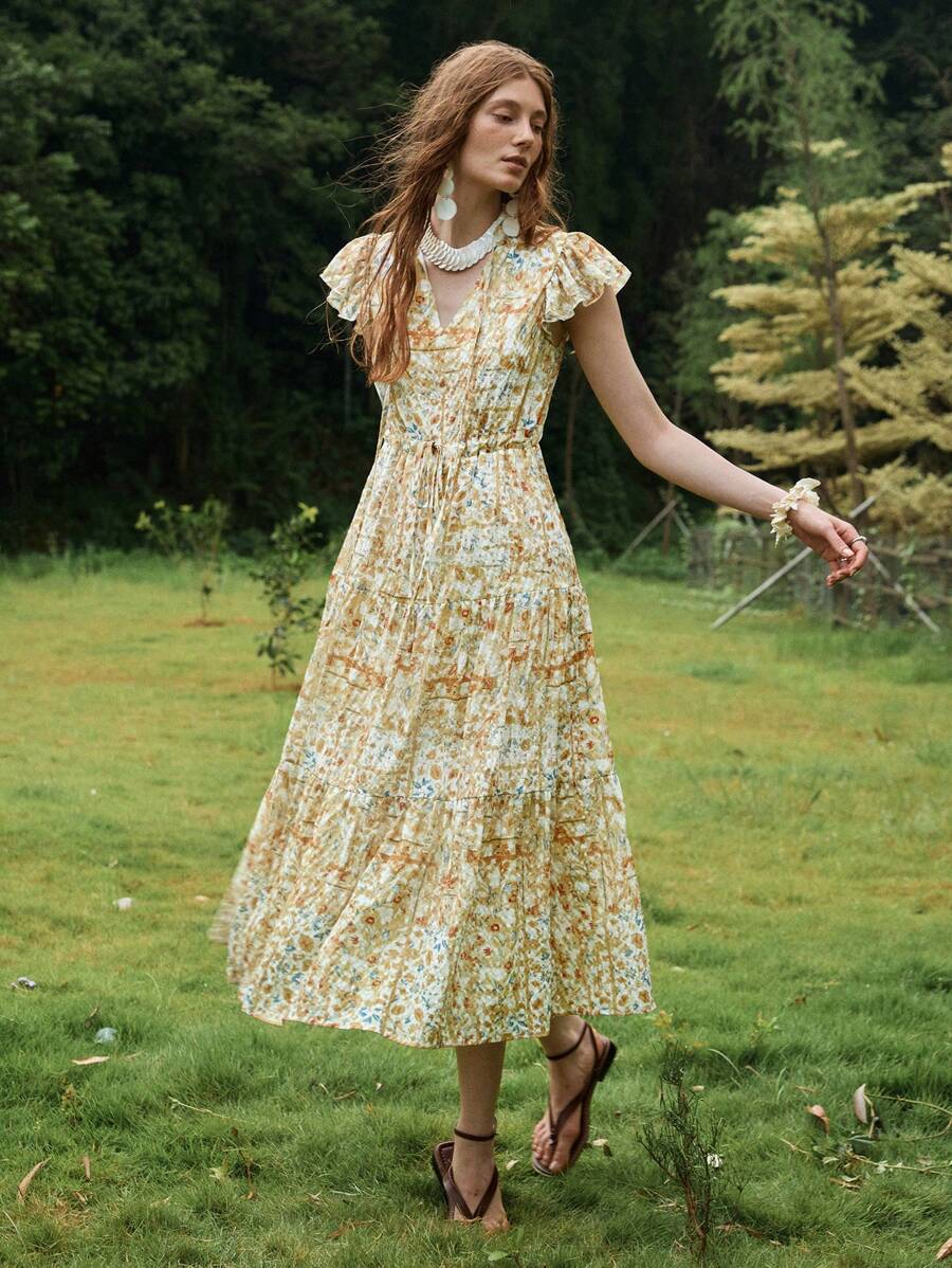 Florisole 女式夏季波西米亚纹理印花系带蝴蝶结V领荷叶边袖连衣裙 - 黃色 - 查看 1